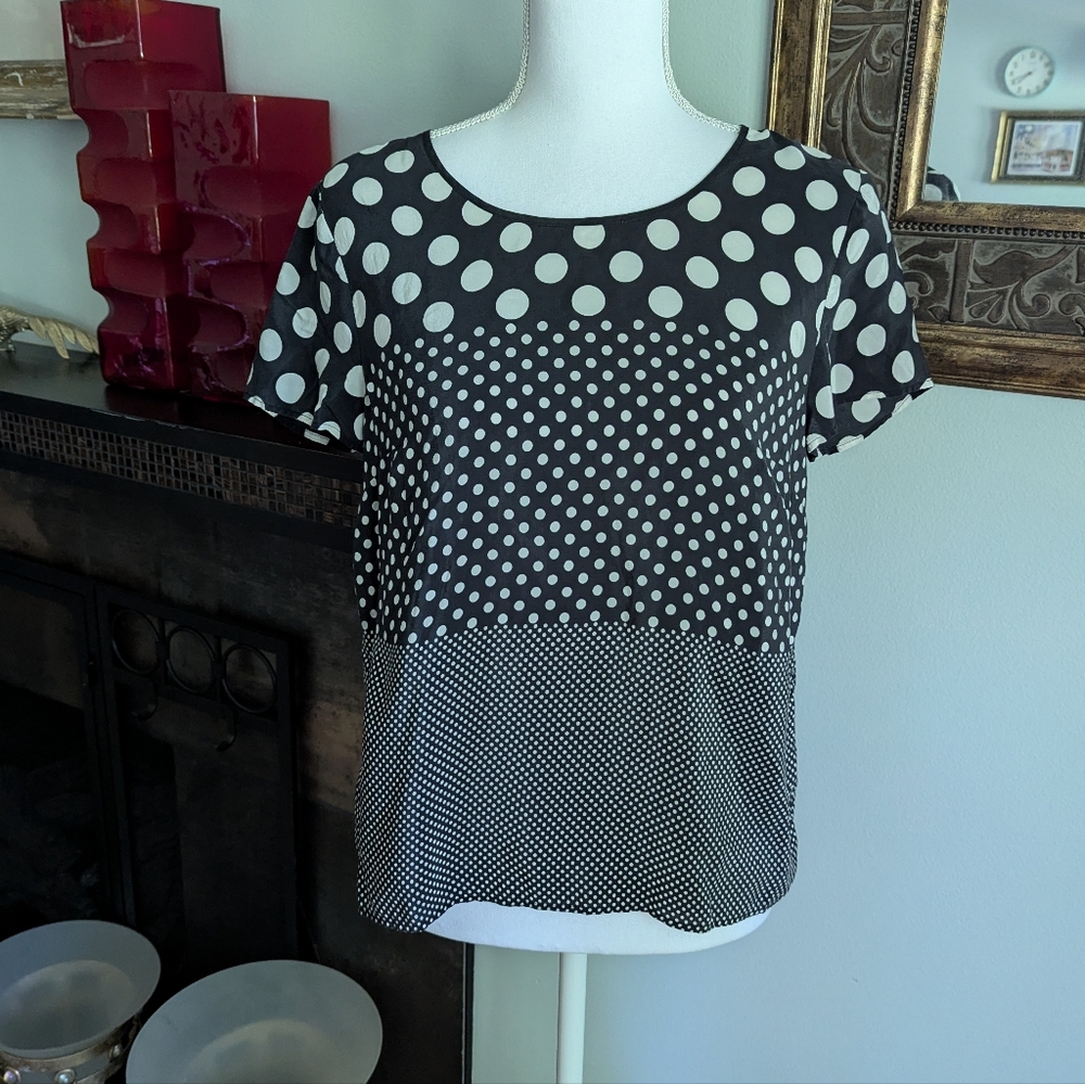 Talbots Women's 6 Silk Black White Mixed Polka Dot Short Sleeve Top Blouse 122